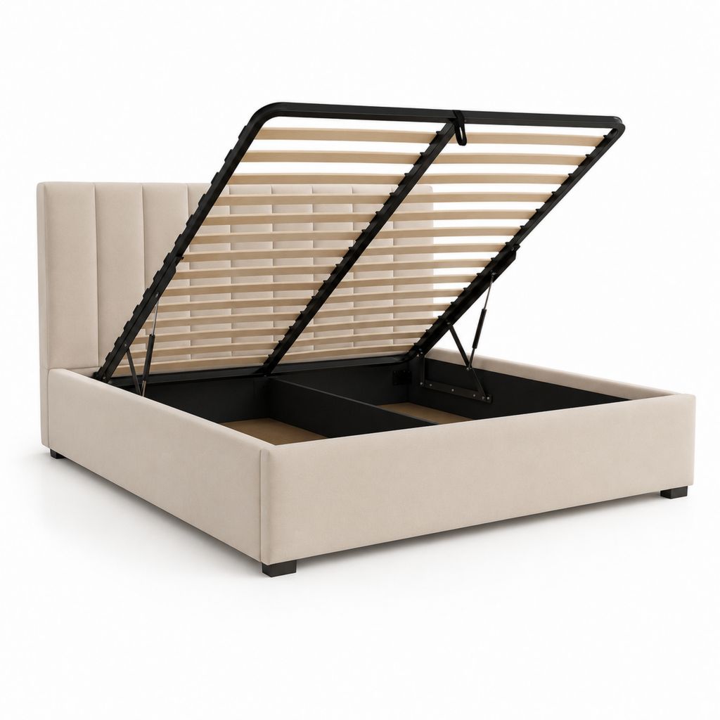 Lit coffre 160 x 200 cm beige en polyester avec sommier à lattes relevable
