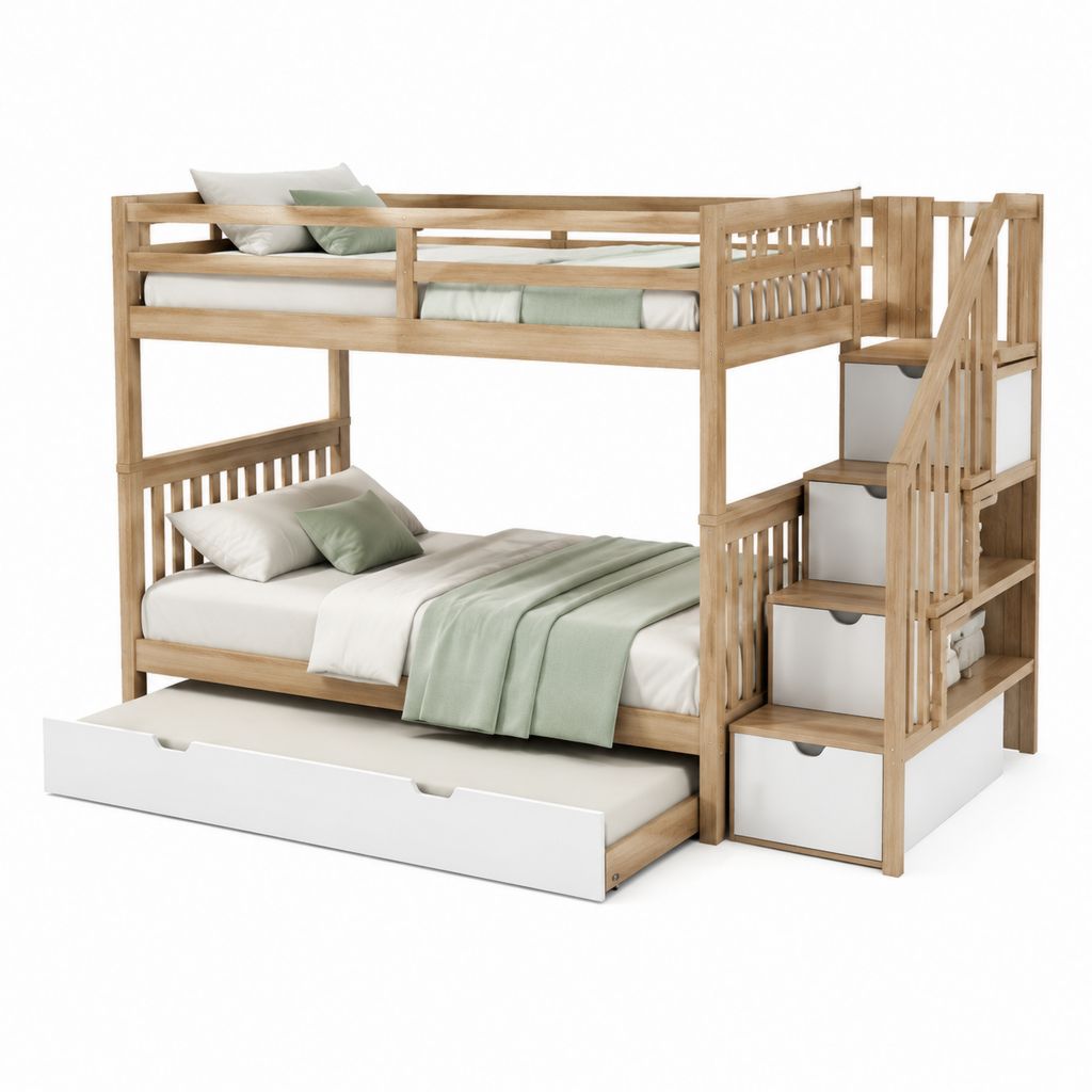 Lit superposé enfant en pin massif naturel avec escalier de rangement et lit gigogne 90 x 190 cm 250 x 145 x 170 cm