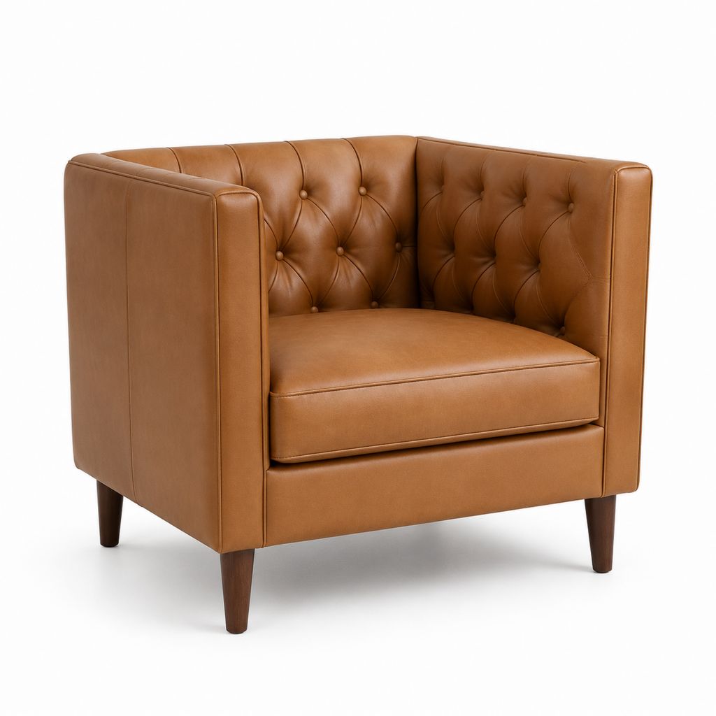 Fauteuil club capitonné cognac en cuir synthétique PU rectangulaire 82 x 84 x 76 cm