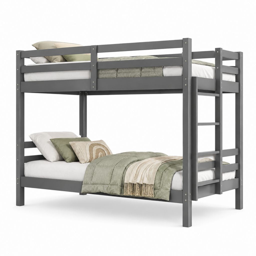 Lit superposé 90 x 190 cm gris anthracite en pin massif rectangulaire avec échelle