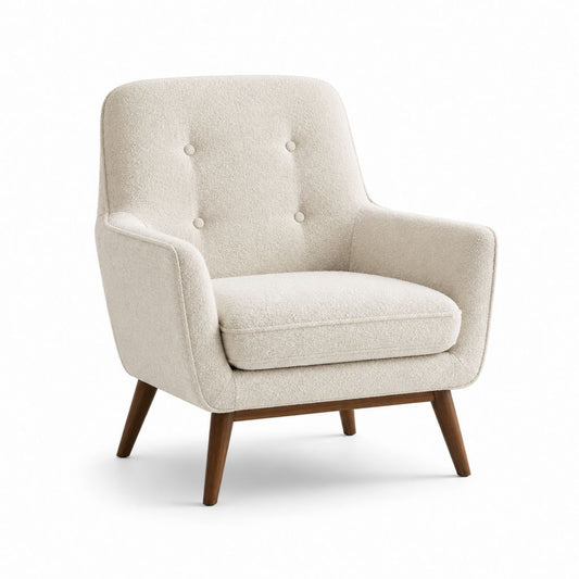 Fauteuil de salon beige en polyester bouclette avec pieds en hévéa massif 75 x 82 x 90 cm