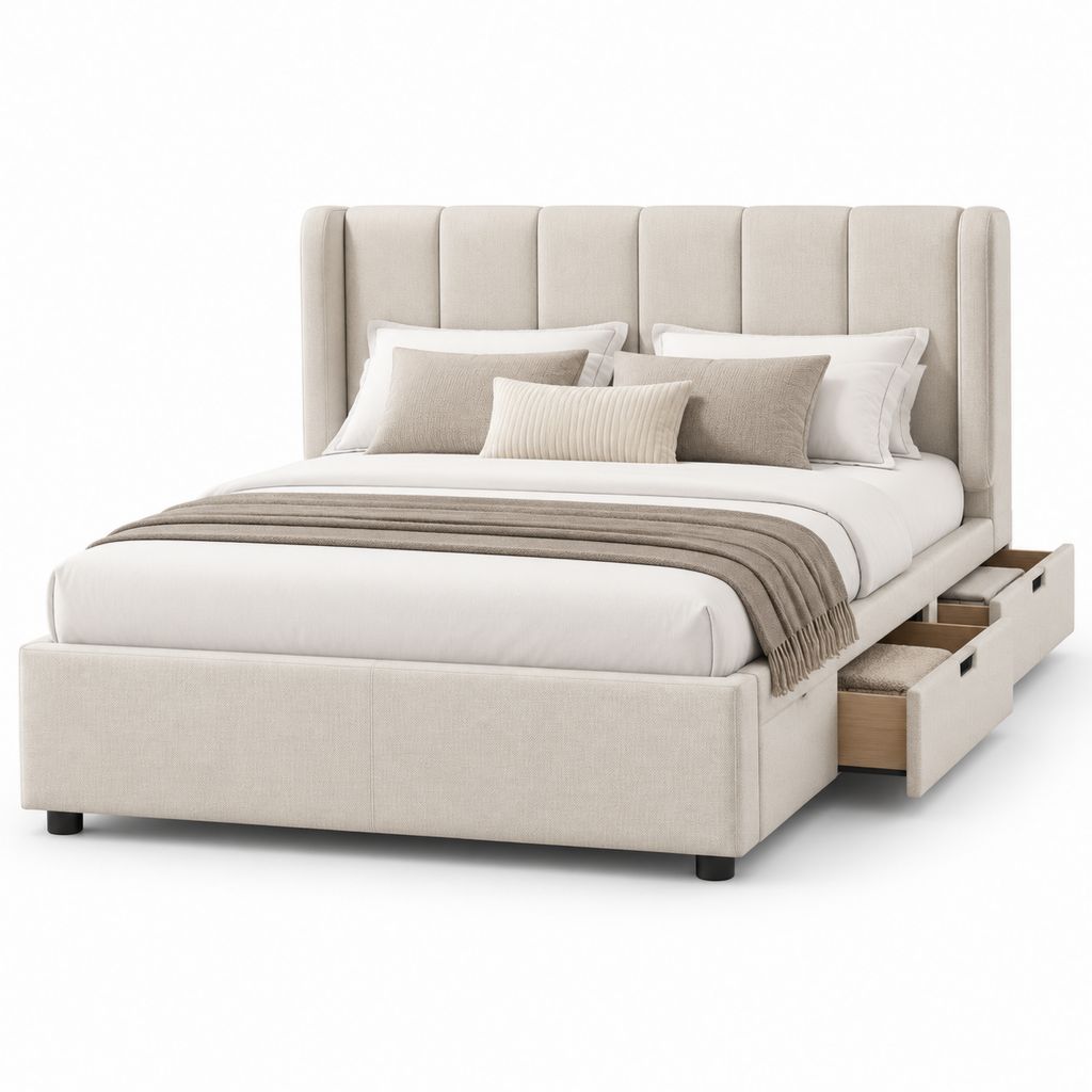Lit double avec 2 tiroirs de rangement beige en polyester 160 x 200 cm