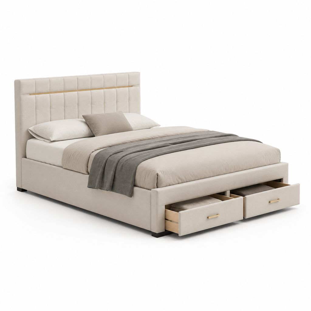 Lit avec 2 tiroirs de rangement 160 x 200 cm beige en polyester rectangulaire avec tête de lit capitonnée