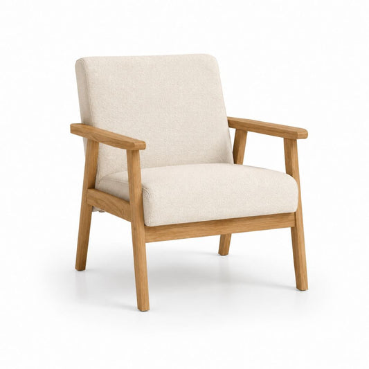 Fauteuil de salon beige en polyester bouclé et chêne massif 68 x 72 x 78 cm