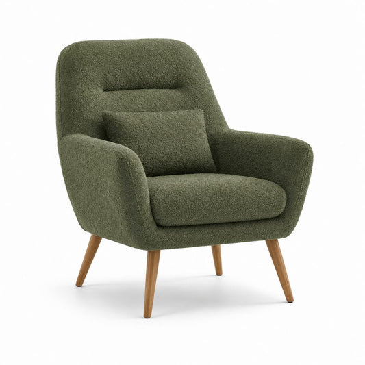 Fauteuil de salon vert en polyester bouclé avec pieds en bois massif 76 x 78 x 92 cm