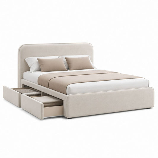 Lit avec rangement rectangulaire 160 x 200 cm beige en polyester avec 2 tiroirs latéraux