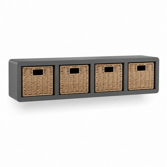 Étagère murale rectangulaire noire en MDF avec 4 paniers en rotin 120 x 30 x 30 cm