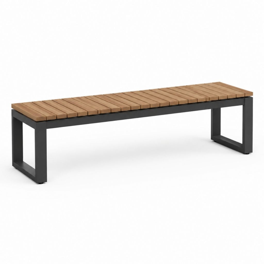Banc de jardin sans dossier marron et noir en bois d'acacia massif et acier 180 x 35 x 45 cm