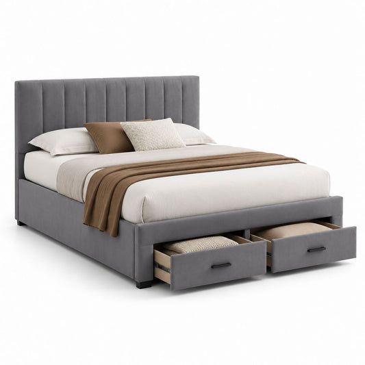 Lit avec rangement 2 tiroirs gris en velours polyester 160 x 200 cm
