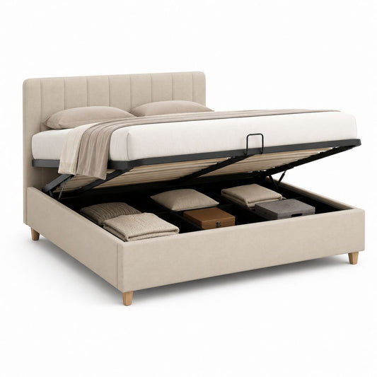 Lit coffre rectangulaire 160 x 200 cm beige en polyester avec sommier relevable