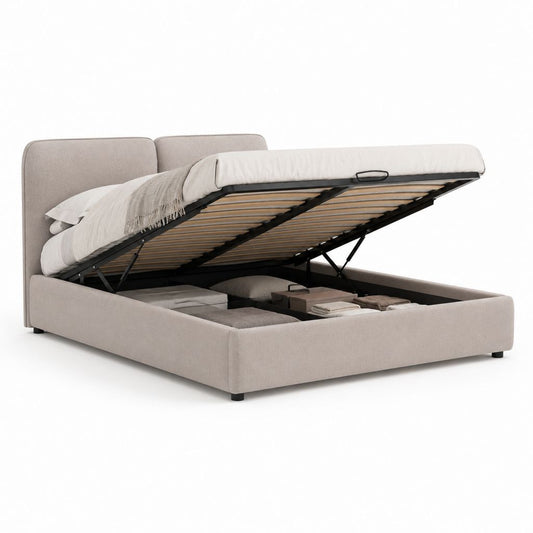 Lit coffre 160 x 200 cm beige en polyester rectangulaire avec sommier à lattes