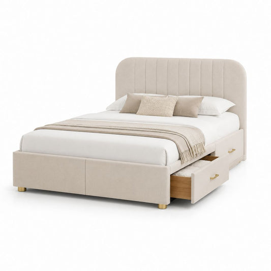 Lit avec rangement 160 x 200 cm beige en polyester avec 4 tiroirs
