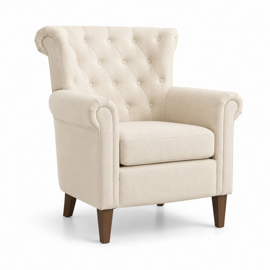 Fauteuil Chesterfield à oreilles beige en polyester avec pieds en bois massif 82 x 85 x 105 cm