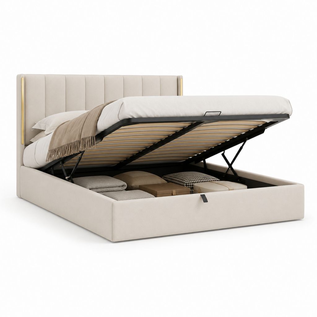 Lit coffre double beige en polyester 160 x 200 cm avec tête de lit capitonnée