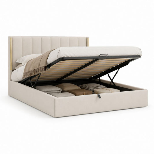 Lit coffre double beige en polyester 160 x 200 cm avec tête de lit capitonnée