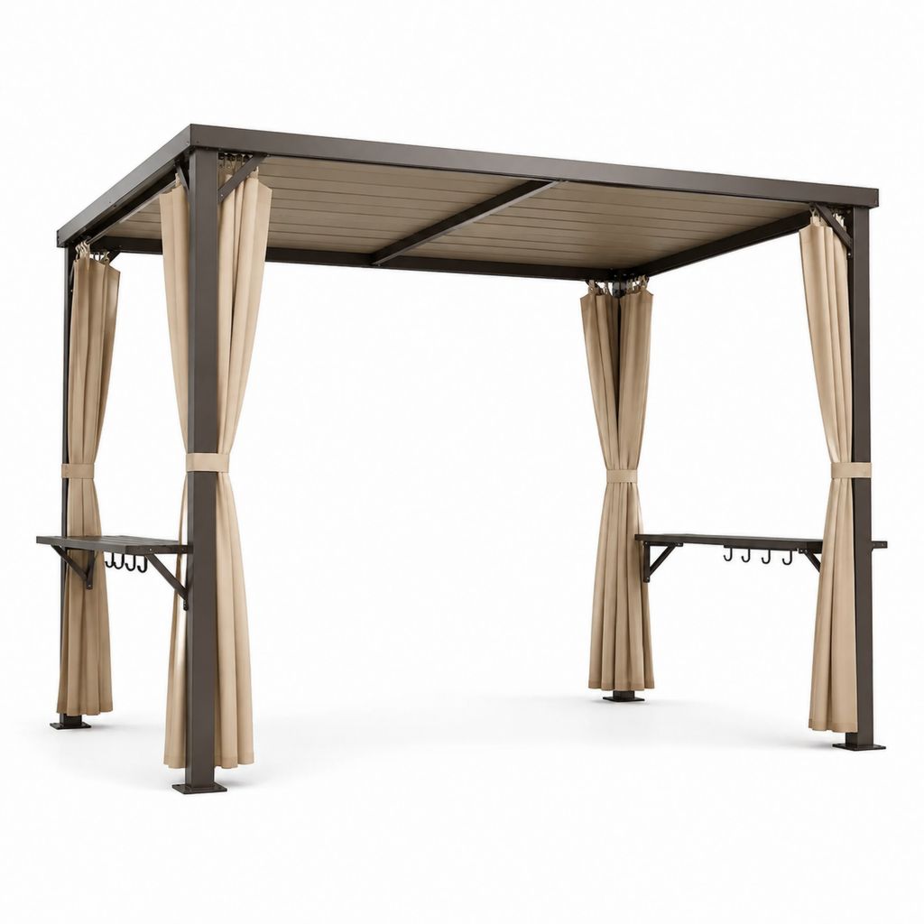 Pergola de jardin 400 x 300 x 230 cm marron en acier galvanisé avec toit rigide et rideaux beige