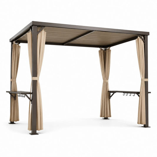 Pergola de jardin 400 x 300 x 230 cm marron en acier galvanisé avec toit rigide et rideaux beige
