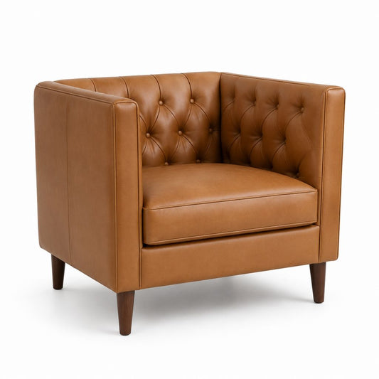 Fauteuil club capitonné cognac en cuir synthétique PU rectangulaire 82 x 84 x 76 cm