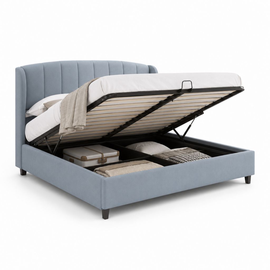 Lit coffre 160 x 200 cm bleu gris en velours polyester avec sommier relevable